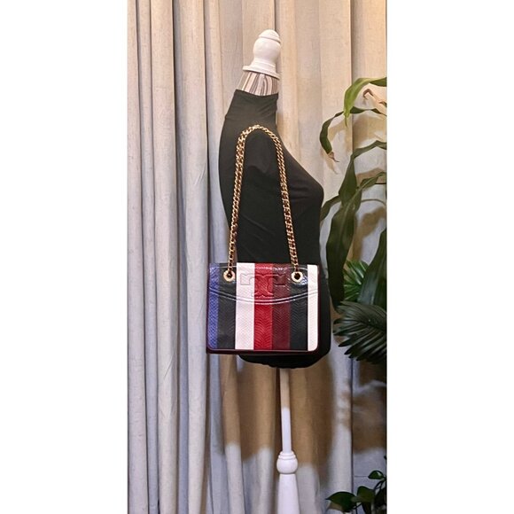 RARE!! Tory Burch Multi-Color Striped Fleming Python Chain Strap Shoulder Bag - Picture 11 of 11